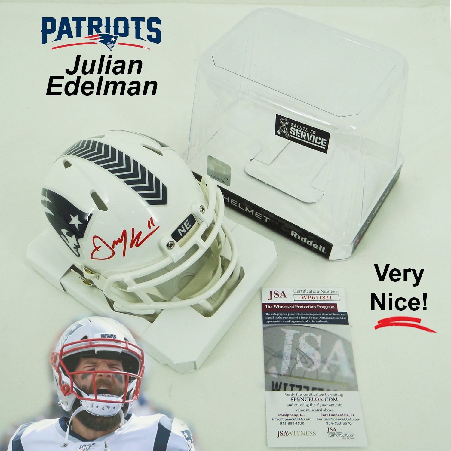 Julian Edelman Autographed Signed New England Patriots Patriots Riddell Speed Salute Service Mini Helmet JSA COA 