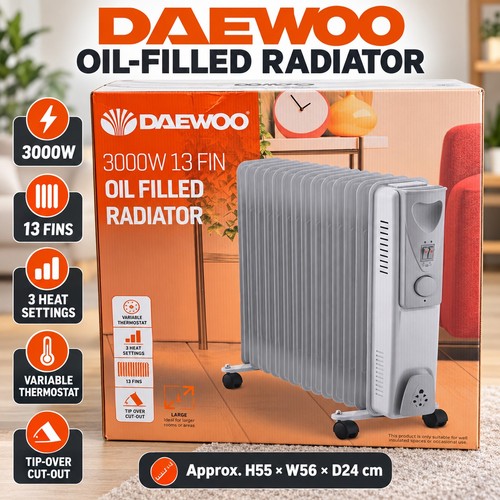 Daewoo 3000W 13 Fin Oil Filled Radiator Heater HEA1870 3 Heat Settings