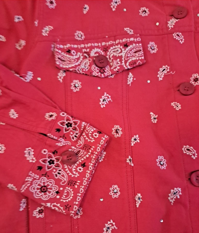 Womens Quacker Factory Bandanna Jacket Red Paisley Embellished Sequins Cotton 1X - Image 4 of 4