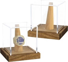 2 Pack Championship Ring Display Case Clear Acrylic Display Case with Wood Stand