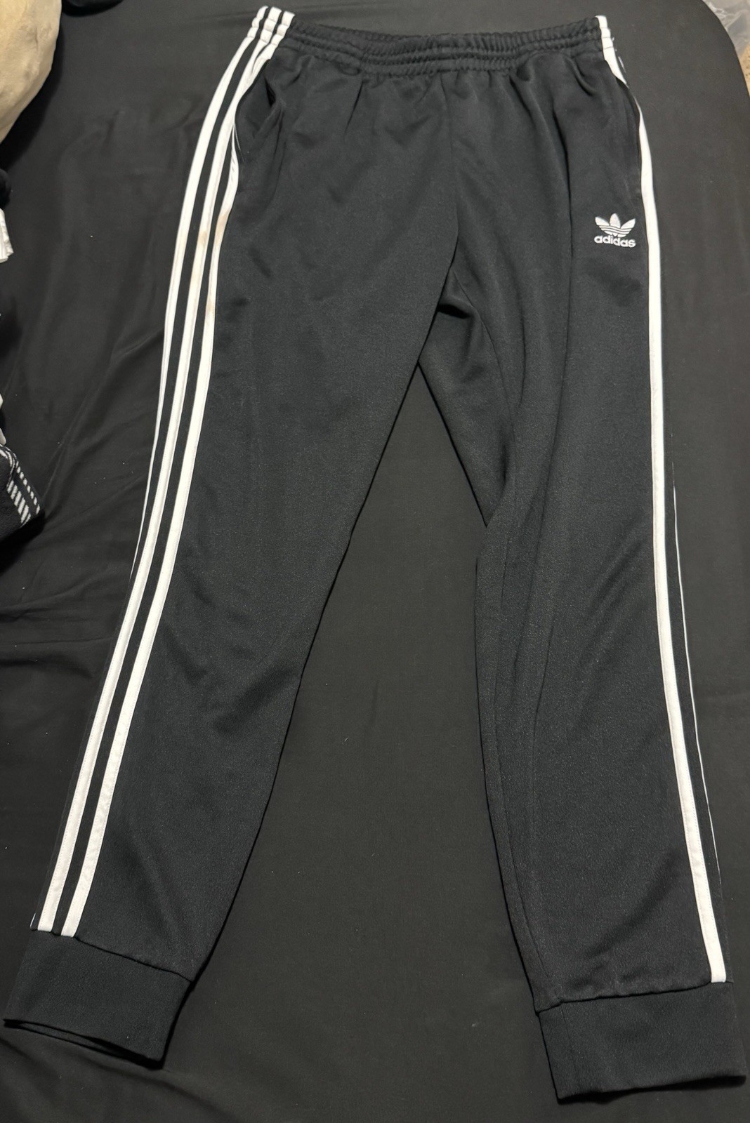 adidas Originals Men's Black Striped Track Pants L Tapered Stretch Drawstring