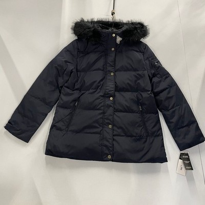 LAUREN RALPH LAUREN Faux-Fur Hooded Puffer Coat Women's Size L Black