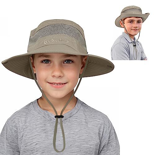 Kids Sun Hat Outdoor UPF 50+ Boys Sun Hat Wide Brim 5-13 Years 1pc Dark Khaki - Afbeelding 1 van 7