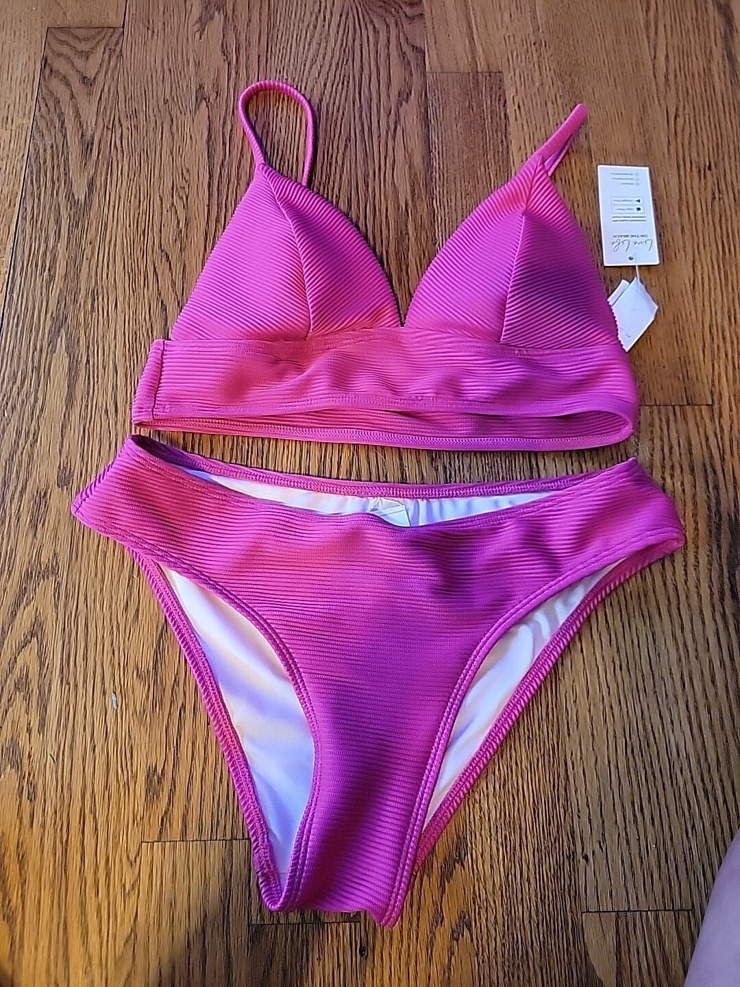 NWT CUPSHE XS Pink TRIANGLE RIBBED V-NECK BIKINI TOP BOTTOM SET Sexy Beach Pool