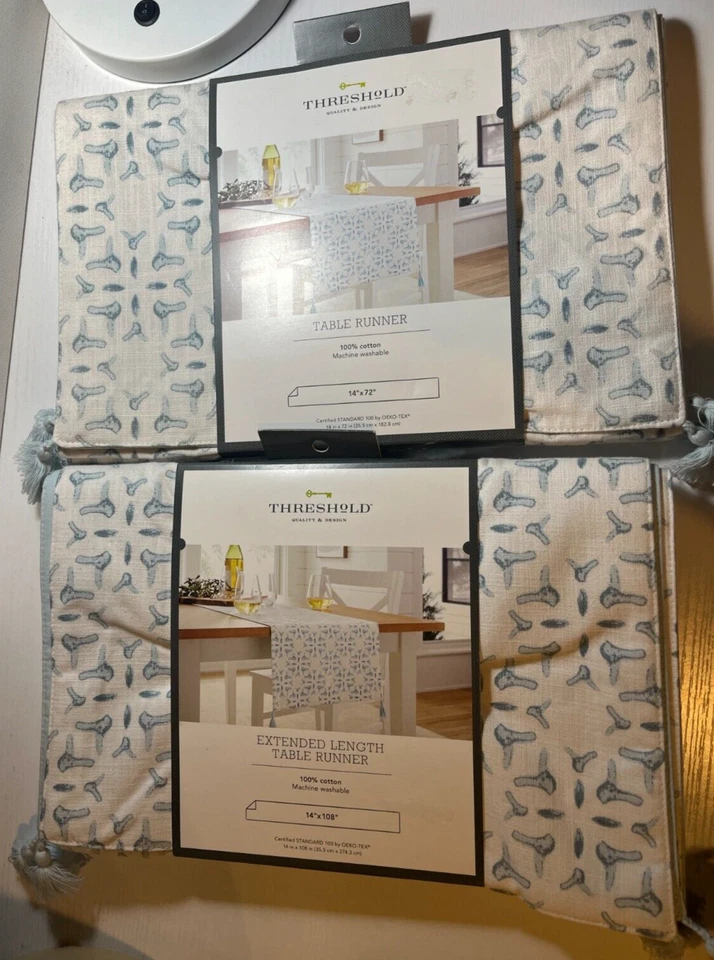 Lot/2 Threshold Abstract Print Table Runners: 14"x72" and 14"x108", Blue/White - Image 2 of 4