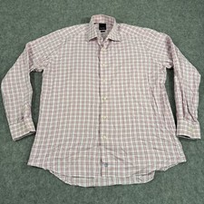 David Donahue Trim Shirt White Pink Checker Dress Button Up Long Sleeve 17 34/35