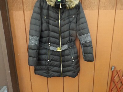 SAM EDELMAN WOMEN'S BRYNNE PANELED SLEEVE DOWN COAT W/HOODED,BLACK, XL  BELTED