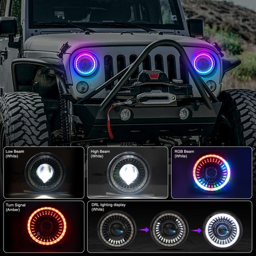 For 2018-2024 Jeep Wrangler JL Gladiator RGB Halo LED Headlights DRL Combo Kit - Picture 3 of 14
