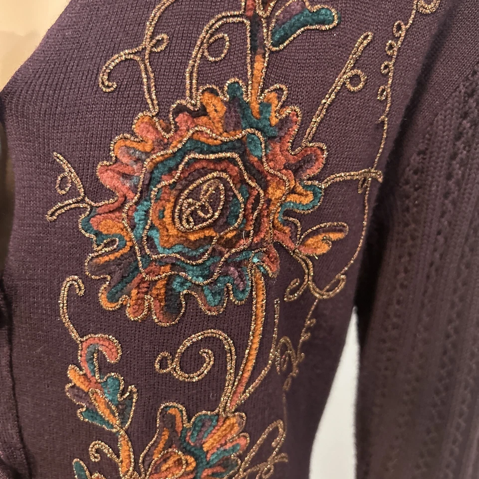 Carole Little Vintage Dress Long Plum Knit Floral Embroidered Size S - Image 4 of 4