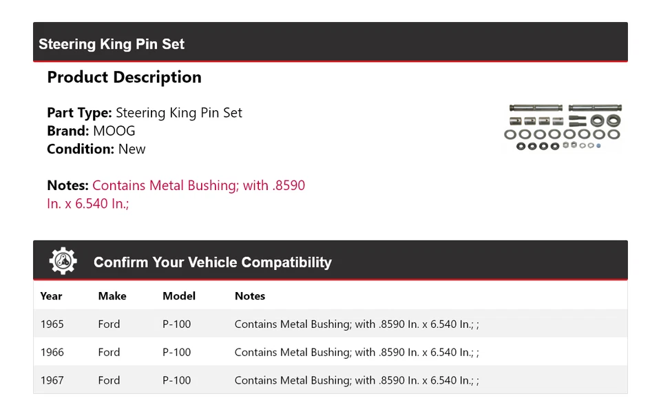 Juego de pasadores de dirección King para Ford P-100 1965-1967 MOOG 1965 1966 1967 Foto 2 de 3