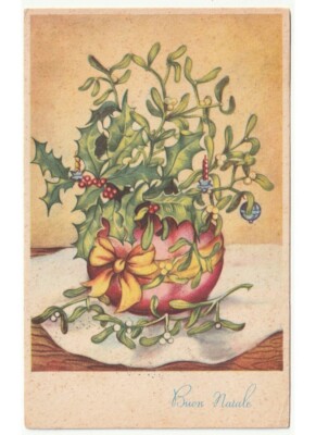 1958 Mitteldecke Weihnachten Vase Zweige Mistel Und Stechpalme Postkarte  Frohe