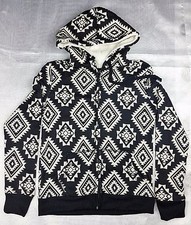 Almost Famous Womens Faux Sherpa Size S Printed Zip Front Hoodie Black White