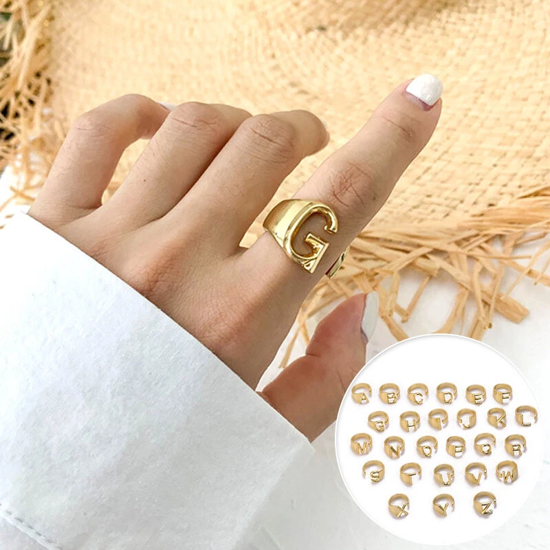 Gold Plate A Z Initial Letter Ring For Women Unisex Adjustable