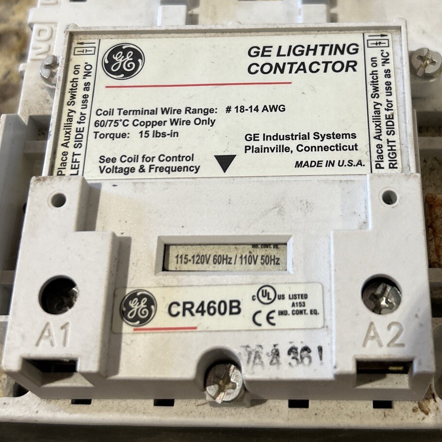 GE CR460B, 6POLE Open Lighting Contactor, 120V Coil. REMOVED FROM