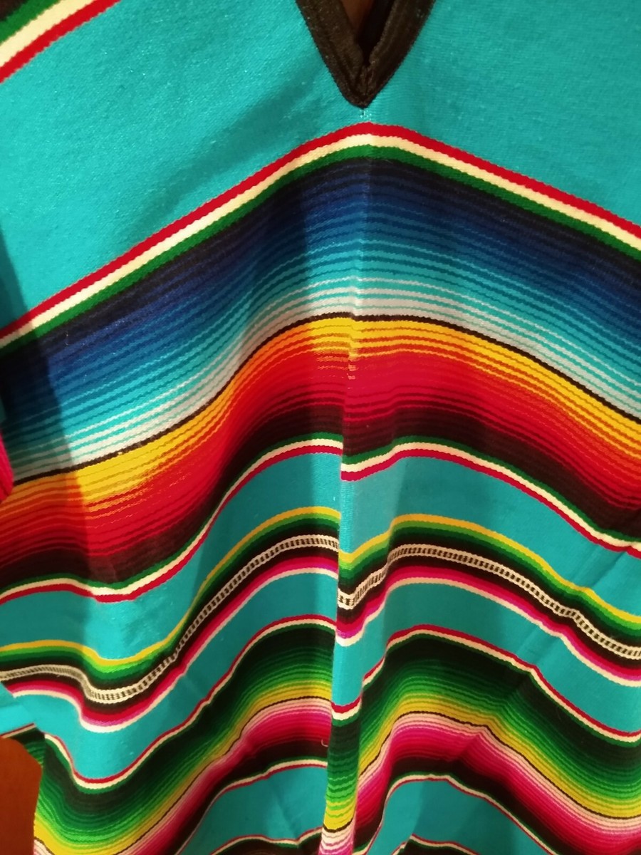 Multi Color Authentic Mexican Made Serape Sarape Poncho Woven Blanket Light  Blue