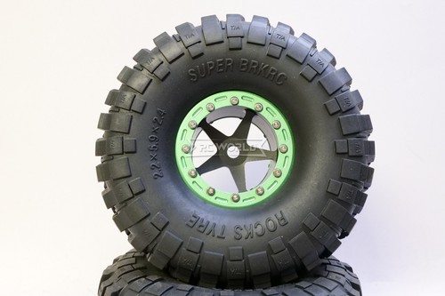 RC Truck Wheels 2.2 ALUMINUM Beadlock 5 Star RIMS + TIRES 150MM -BLACK W/ GREEN- - Picture 5 of 17