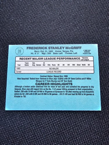 1986 Donruss - Fred McGriff Rookie - #28 Toronto Blue Jays Baseball Card NM - Picture 2 of 2