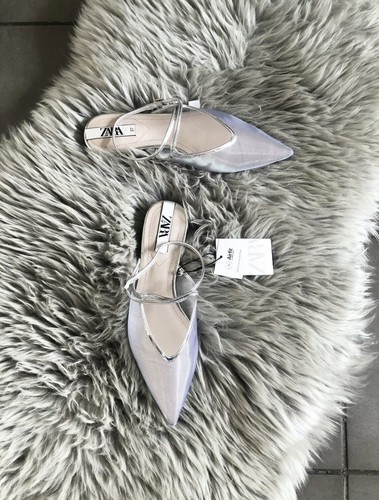 Zara Silver Metalic Mesh Ankle Strap Ballerinas Sandalen UK6 EU39 US8 # 339