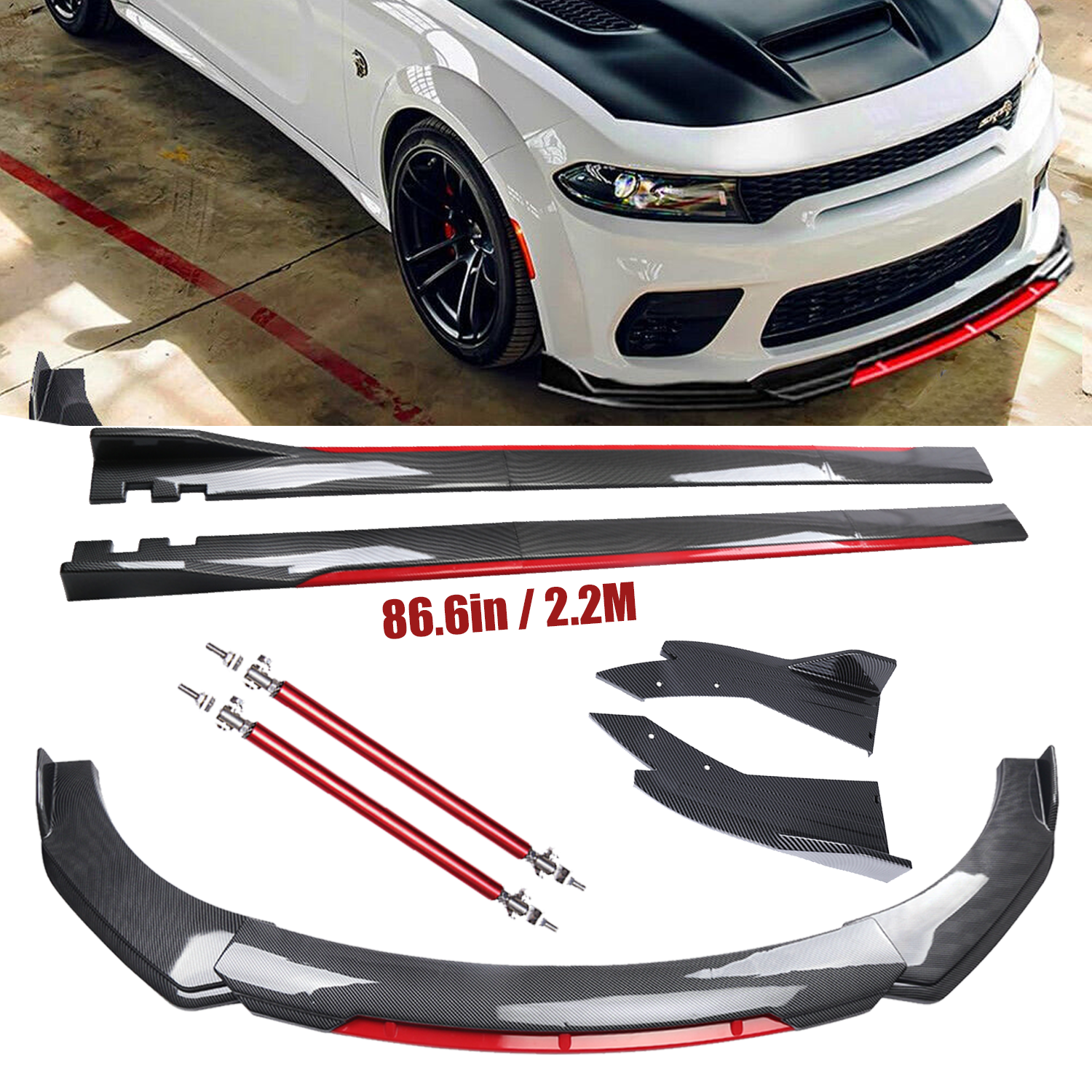 Front Bumper Lip Spoiler Side Skirt Carbon Fiber For Dodge Charger Challenger SR