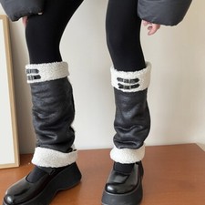 Women s Warm Plush Trim Faux Leather Leg Warmers with Bows Foot Coverings Socks