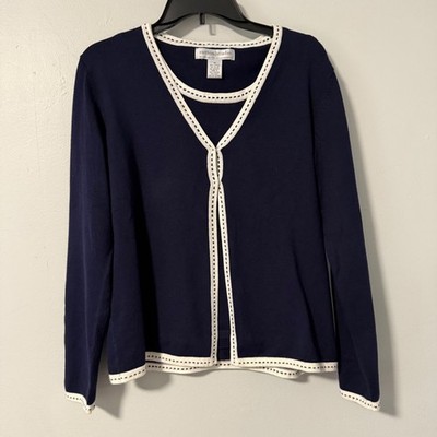 Sutton Studio Navy Blue White Trim Cardigan Tank Shell Sweater Set Womens M