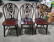 3 wheelback chairs vintage dining old wooden kitchen rare oak 