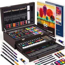 175pcs Deluxe Art Set Wooden Case Drawing Painting Kit with Supplies  Pads