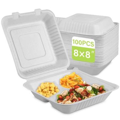 Compostable Take Out Food Container 8X8, 100 Pack 3 Compartment Clamshell Foo...