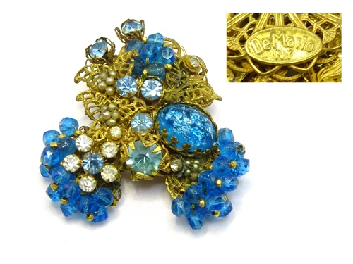 Signed DeMario NY Blue Pearl Rhinestone Antique Costume Jewelry Brooch