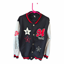 Unisex Kids Varsity Jacket Size 7 Black/White/Red Snap, Letter Patch Fleece