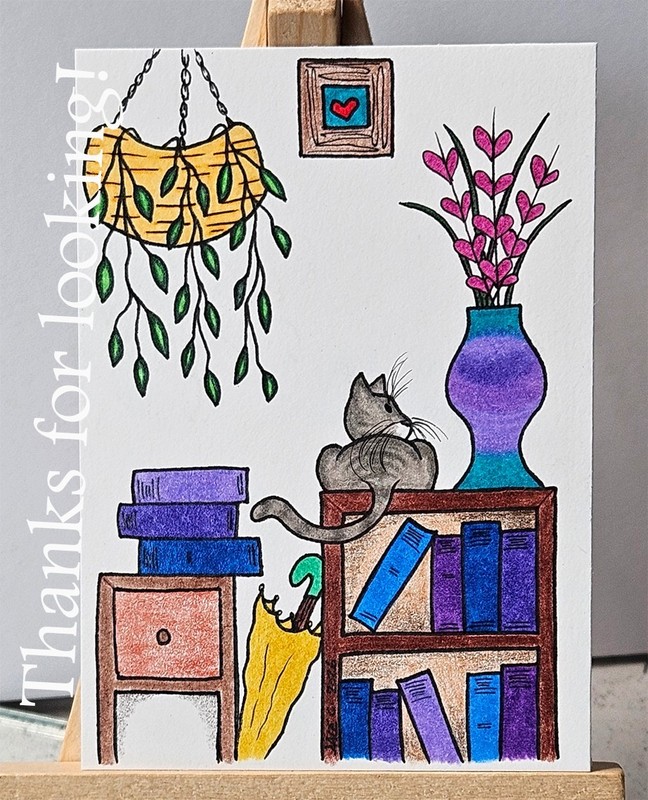 ACEO original Cats On Shelves cat art signed books plants hearts