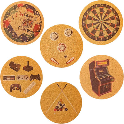 Set of 6 Gameroom 4'' Cork Coasters   Retro Dart Board, Pinball, Cards & Chips, B