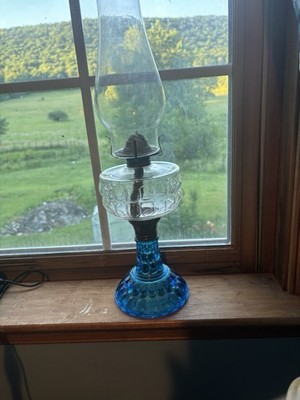 Vintage Eagle P&K Blue Glass Oil Lamp, Bullseye Pattern, Plume,