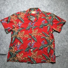 Paradise Found Hawaiian Shirt Men XL Red Tropical Parrot Print Magnum PI Camp