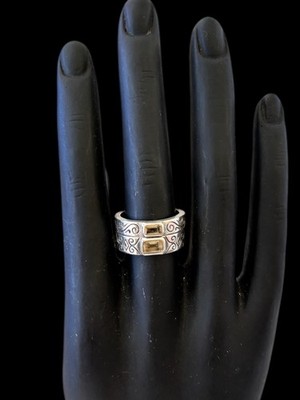 BRIGHTON STERLING SILVER YELLOW CRYSTAL EYE THICK TWO RING BANDS.