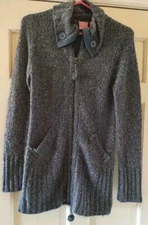 Great American Sweater Cardigan Pom Pom Zipper Pulls Button Down Collar 