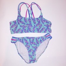 Wave Zone Kids Swim Bikini XL 14 16 Top  Bottom Blue Purple Feathers Strappy