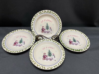 Stoneware ''LET IT SNOW'' Green Sponge Rim ~ Set of 4 ~ Dessert Plates ~ 6 1/2''