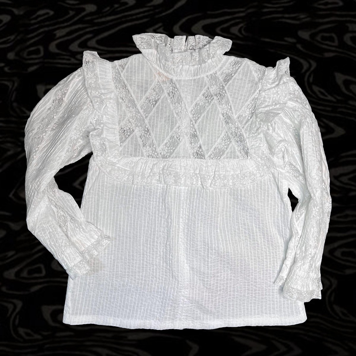 VTG 60s/70s High Neck Ruffle Collar Victorian Style Vintage Lace Cotton  Blouse