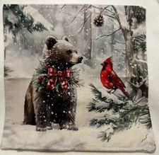 Brown Bear Cardinal Snow Winter Christmas Throw Pillow Cover Holiday Home Decor