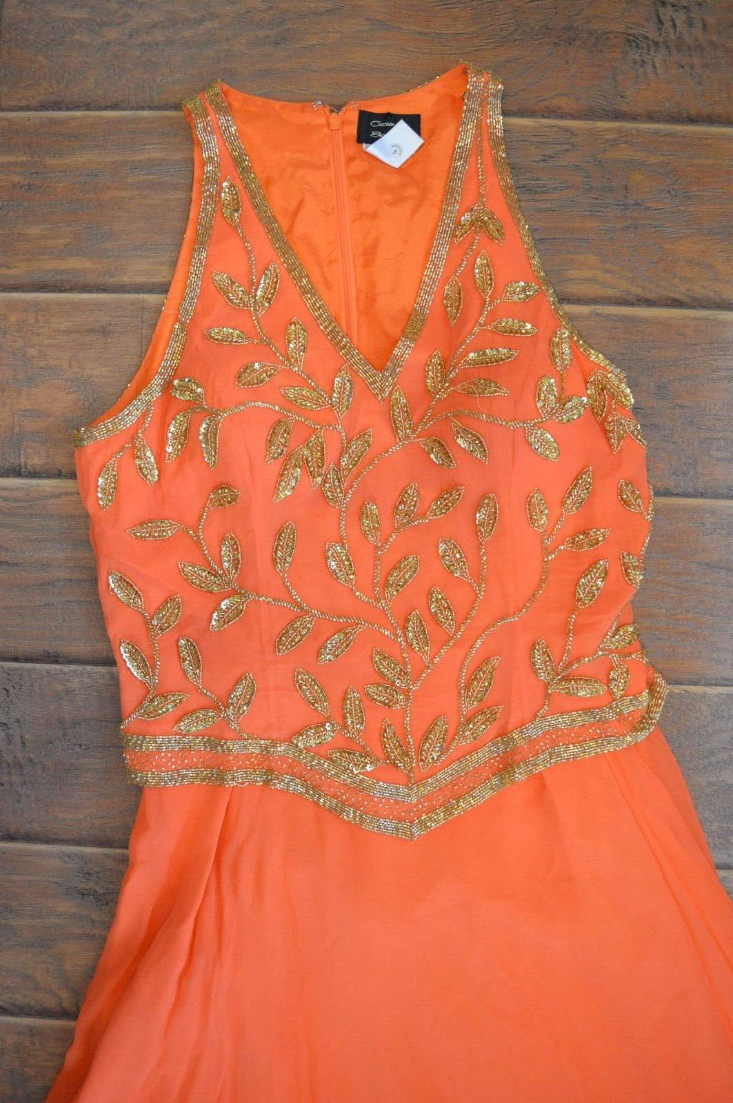 vtg Cassandra Stone II Orange Beaded Dress,Gown,Party,Silk,Gold Beads/Sequins,14