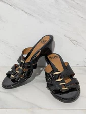 Sofft Women's Black Solid Open-Toe Wedge Heel Patent Leather Upper Sandal Size 8