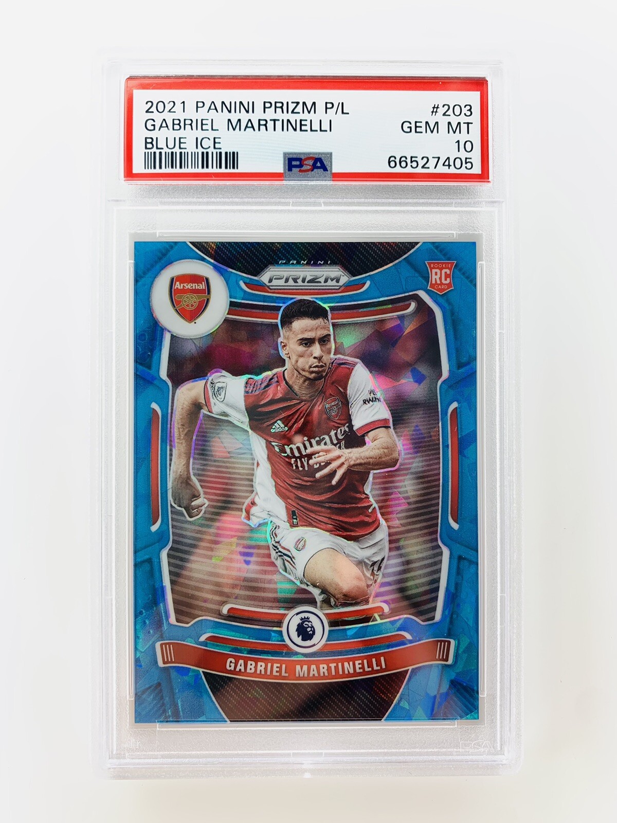 2021-22 Prizm Premier League GABRIEL MARTINELLI RC Blue Ice # /75 PSA 10