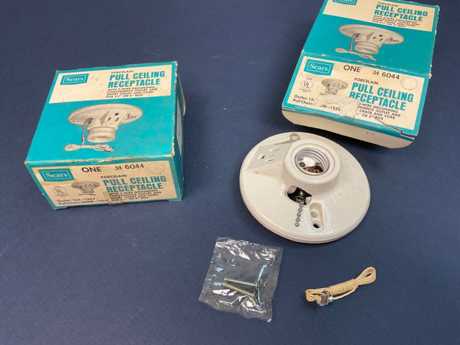 2 Vintage Sears Porcelain Pull Chain Lampholder w/ 3 Wire Grounded