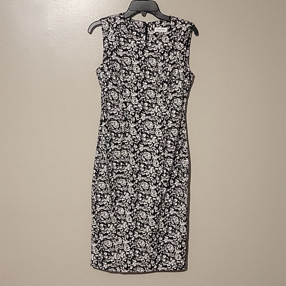 CALVIN KLEIN  Womens Black White Knit Sleeveless Brocade Sheath Dress Size 6