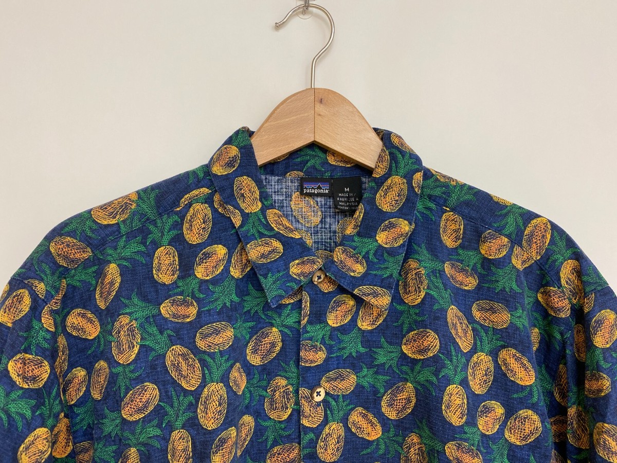 PATAGONIA VTG 90s Pineapple Hawaiian Shirt Blue Yellow Green Fruit 