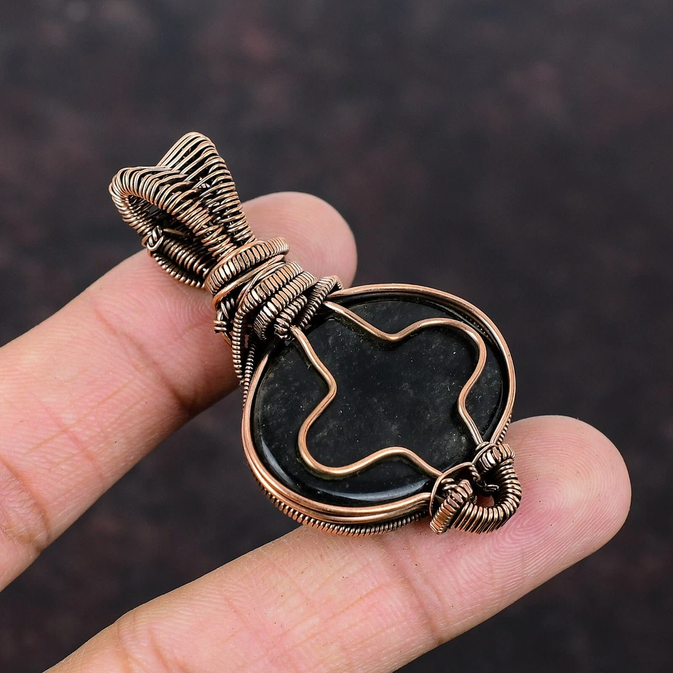Colgante envuelto en alambre de cobre obsidiana brillo plata regalo día mujer 2,36" Foto 4 de 4