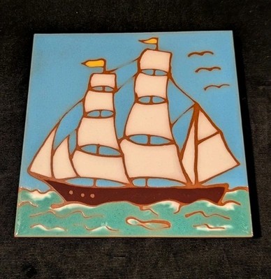 Vintage BESHEER ART TILE 6X6 Handpainted Hanging Masted Tall Ship