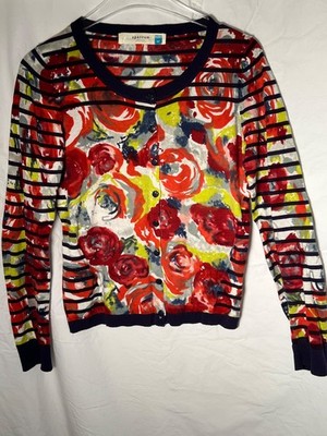 Round-Neck Cotton Multicolored with Floral Print Size M woman Cardigan
