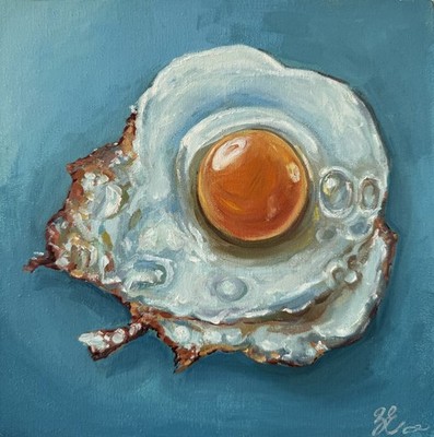Original Fried Egg Oil Painting Teal Turquoise Background Modern Kitchen Art